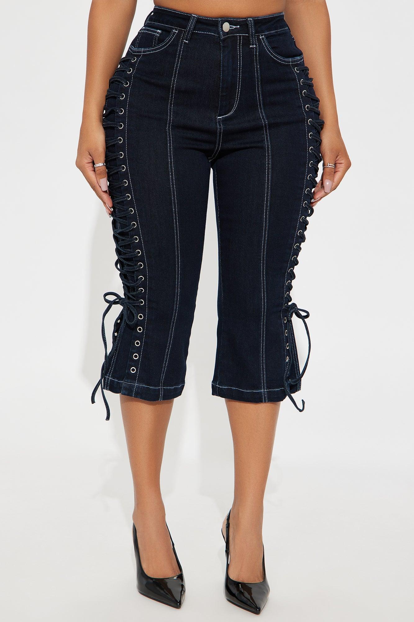 Laced Up Capri Kick Flare Jeans - Dark Wash Product Image