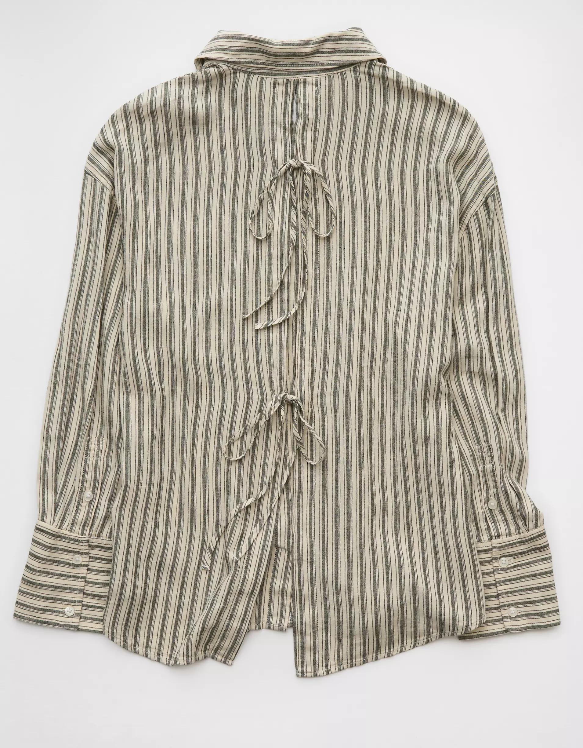 AE Linen-Blend Long-Sleeve Tie Back Button-Up Shirt Product Image