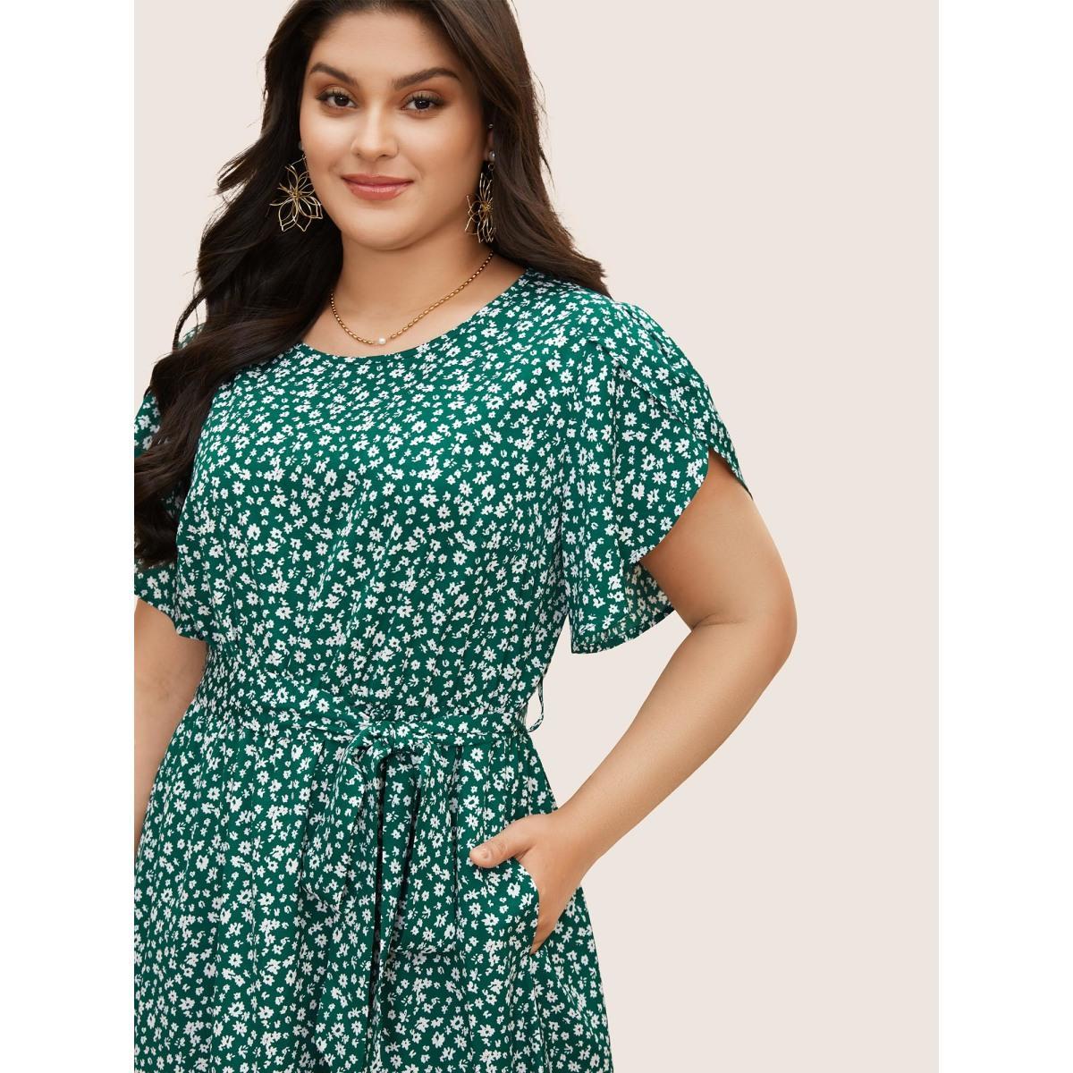 Plus Size Tulip Sleeved Round Neck Midi Dress Teal Women Elegant Belted Round Neck Short sleeve Curvy BloomChic 10/M Product Image