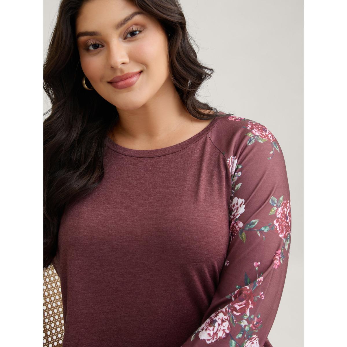 Plus Size Floral Patchwork Crew Neck Raglan Sleeve T-shirt Russet Women Elegant Printed Floral Round Neck Dailywear T-shirts BloomChic 26/4X Product Image