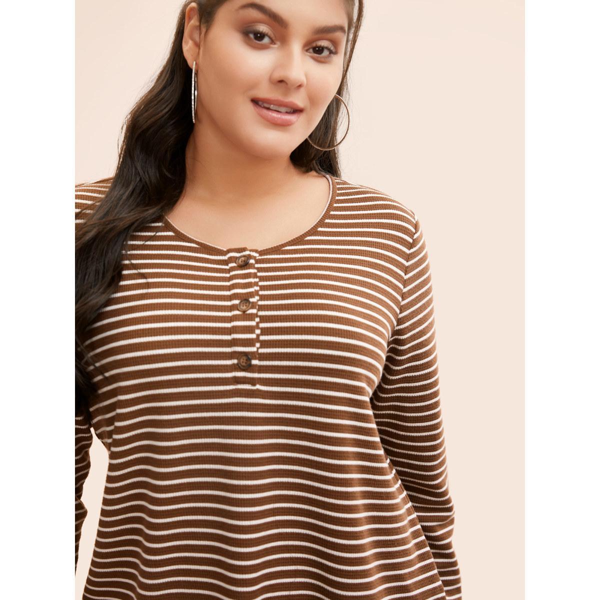 Plus Size Striped Textured Button Up T-shirt Browncoffeecolor Women Casual Button Round Neck Everyday T-shirts BloomChic 30/6X Product Image