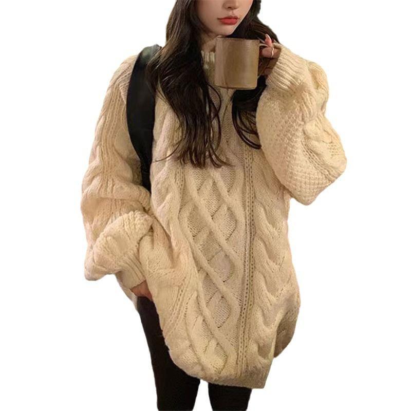 Crewneck Cable Knit Plain Sweater Product Image