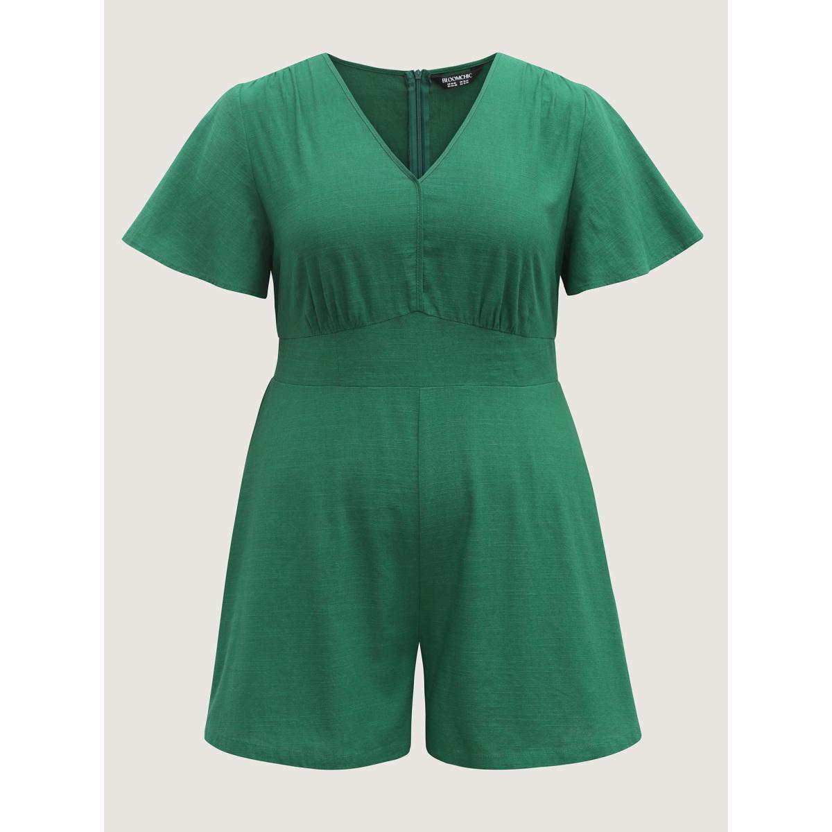 Plus Size DarkGreen Cinched-Waist V-Neck Solid Romper Women Short sleeve Non Vacation Loose Jumpsuits BloomChic 22-24/3X Product Image