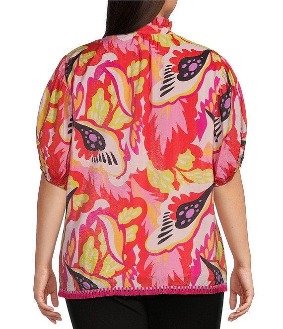 Calessa Plus Size Woven Modern Abstract Print Ruffled Split V-Neck Short Sleeve Tunic Product Image