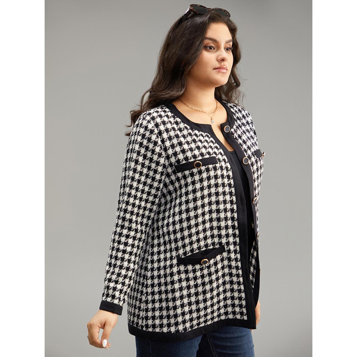 Plus Size Twill Houndstooth Button Detail Pocket Coat Women Black Elegant Texture Ladies Everyday Winter Coats BloomChic 10/M Product Image