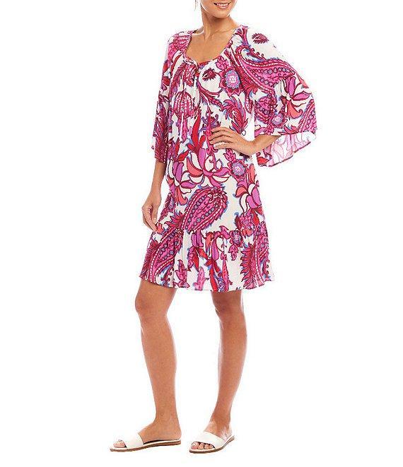 Karen Kane Square Neck 3/4 Sleeve Peony Paisley Print Dress Product Image