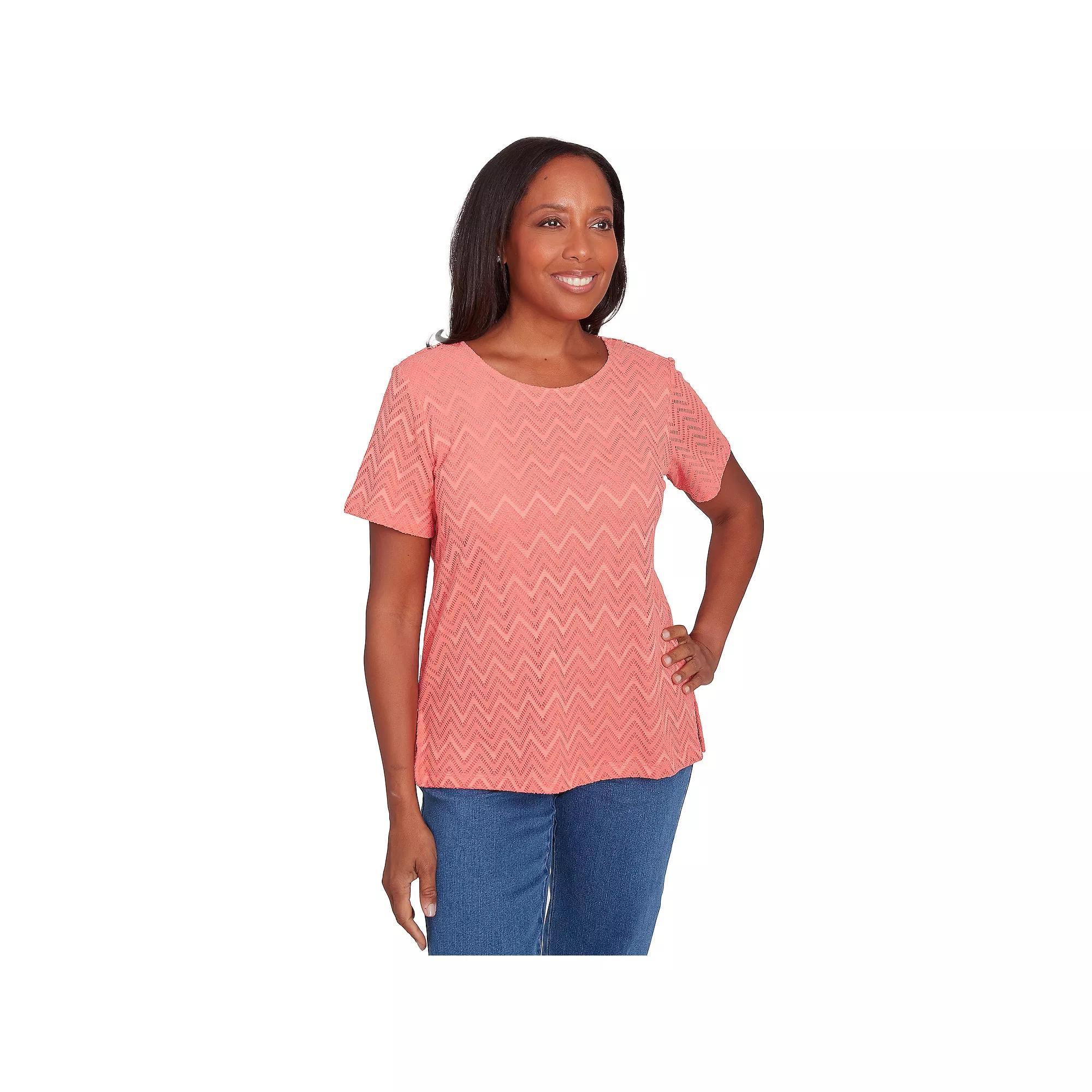 Women's Alfred Dunner Textured Chevron Lace Back Tee, Size: Medium, Pink Product Image