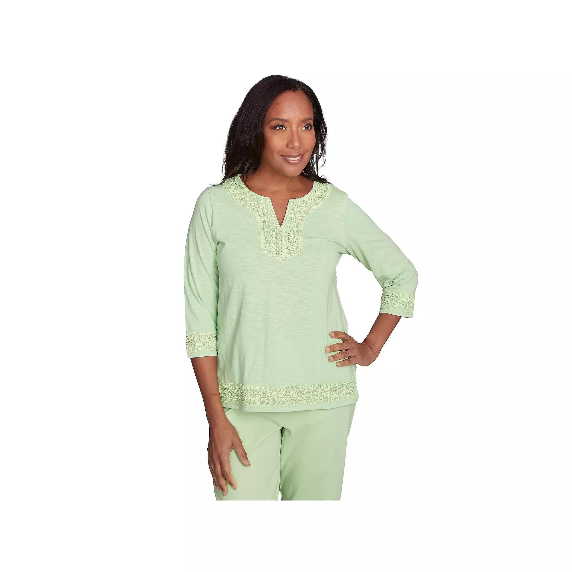 Women's Alfred Dunner Solid Split Neck Lace Trim Top, Size: Large, Palm Green Product Image