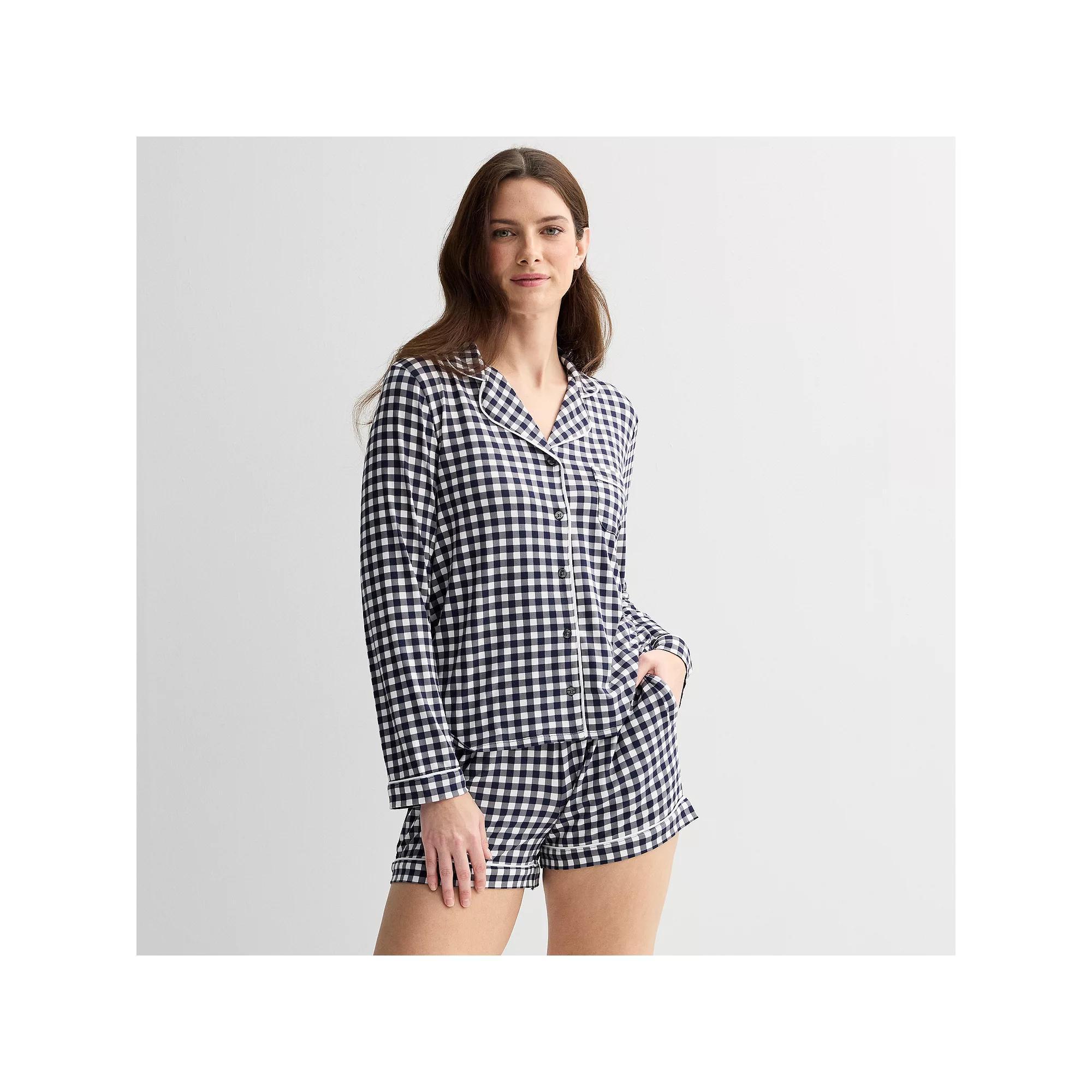 Women's Draper James 2-Piece Cozy Long Sleeve Pajama Top and Pajama Shorts Set, Size: Medium, Blue Gingham Product Image