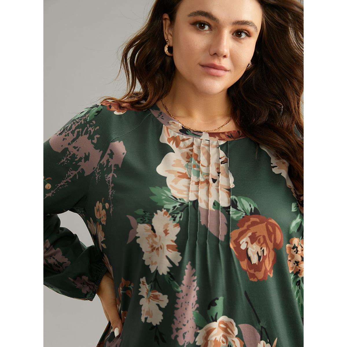 Plus Size Floral Print Pleated Detail Lantern Sleeve T-shirt DarkGreen Women Elegant Elastic cuffs Floral Round Neck Everyday T-shirts BloomChic 28/5X Product Image
