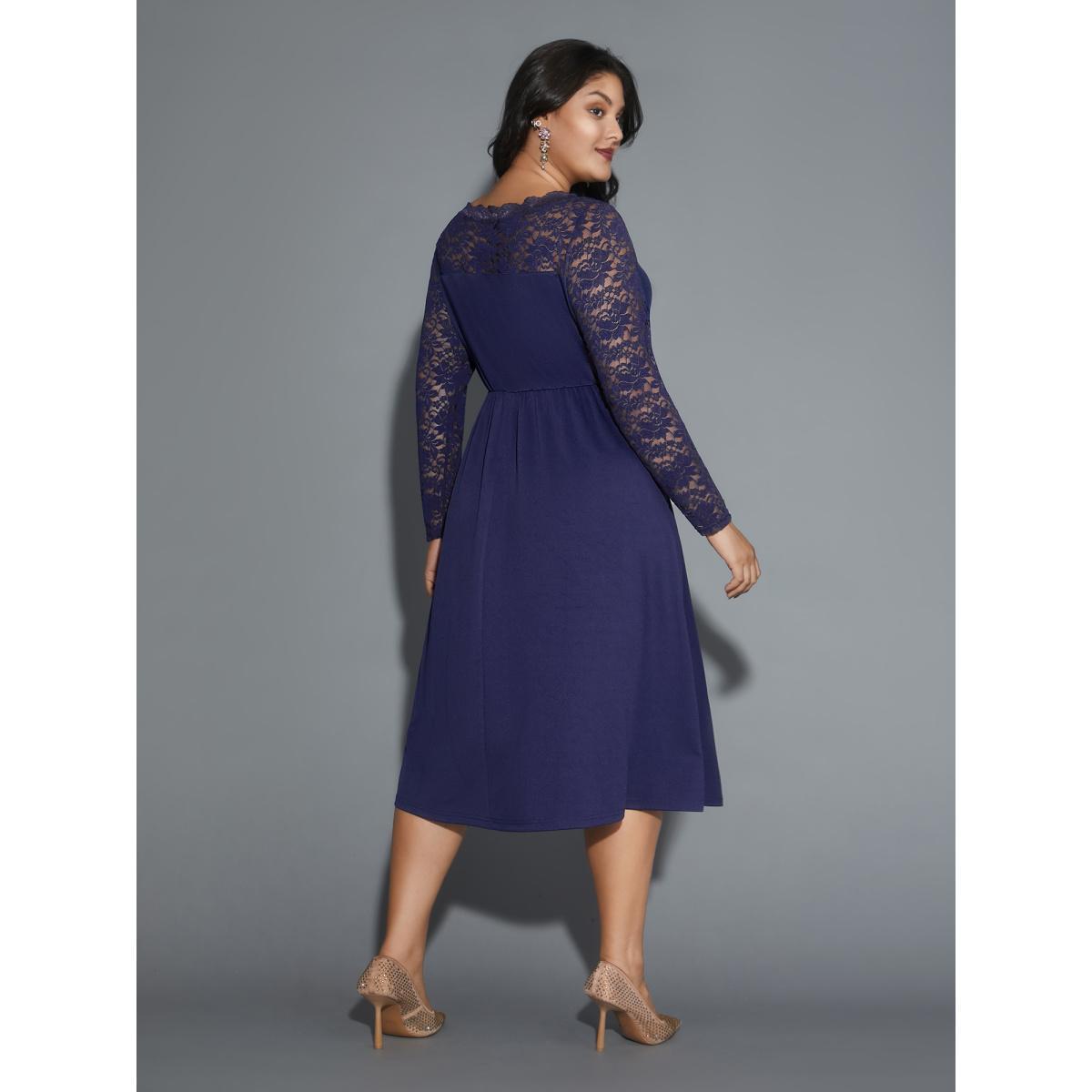 Plus Size Boat Neck Floral Crochet Lace Mesh Dress Indigo Women Cocktail Woven ribbon&lace trim Party Curvy Bloomchic 18-20/2X Product Image