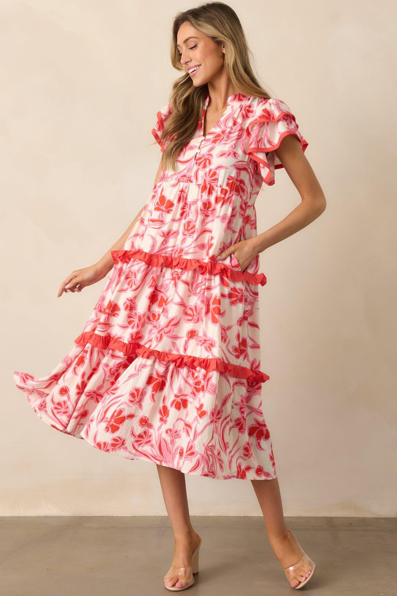 Just Right Pink Floral Flutter Sleeve Midi Dress Product Image