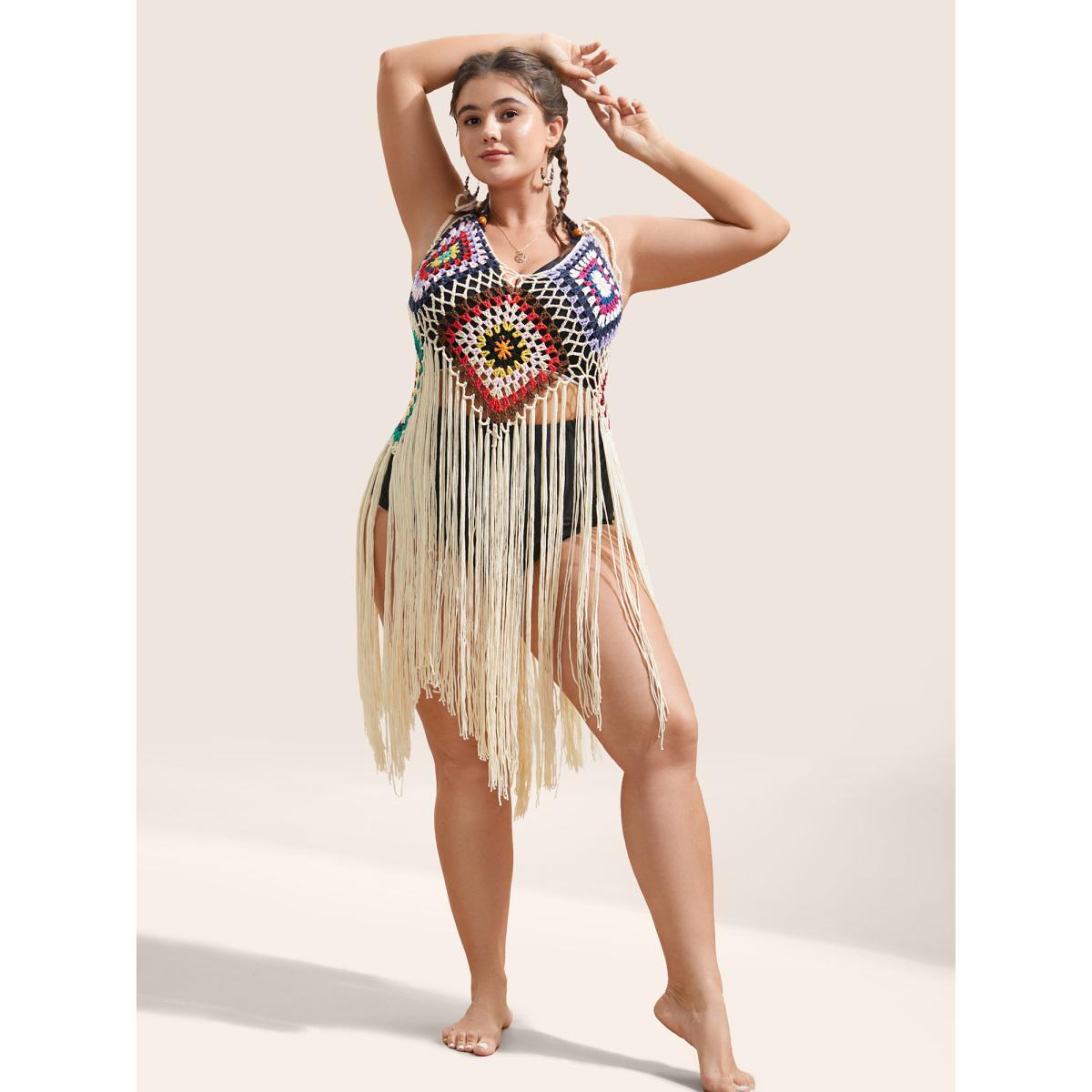 Plus Size Geometric Crochet Fringe Hem Swim Cover Up Women's Swimwear Apricot Beach Texture Curve Swim Cover Ups BloomChic 30/6X Product Image