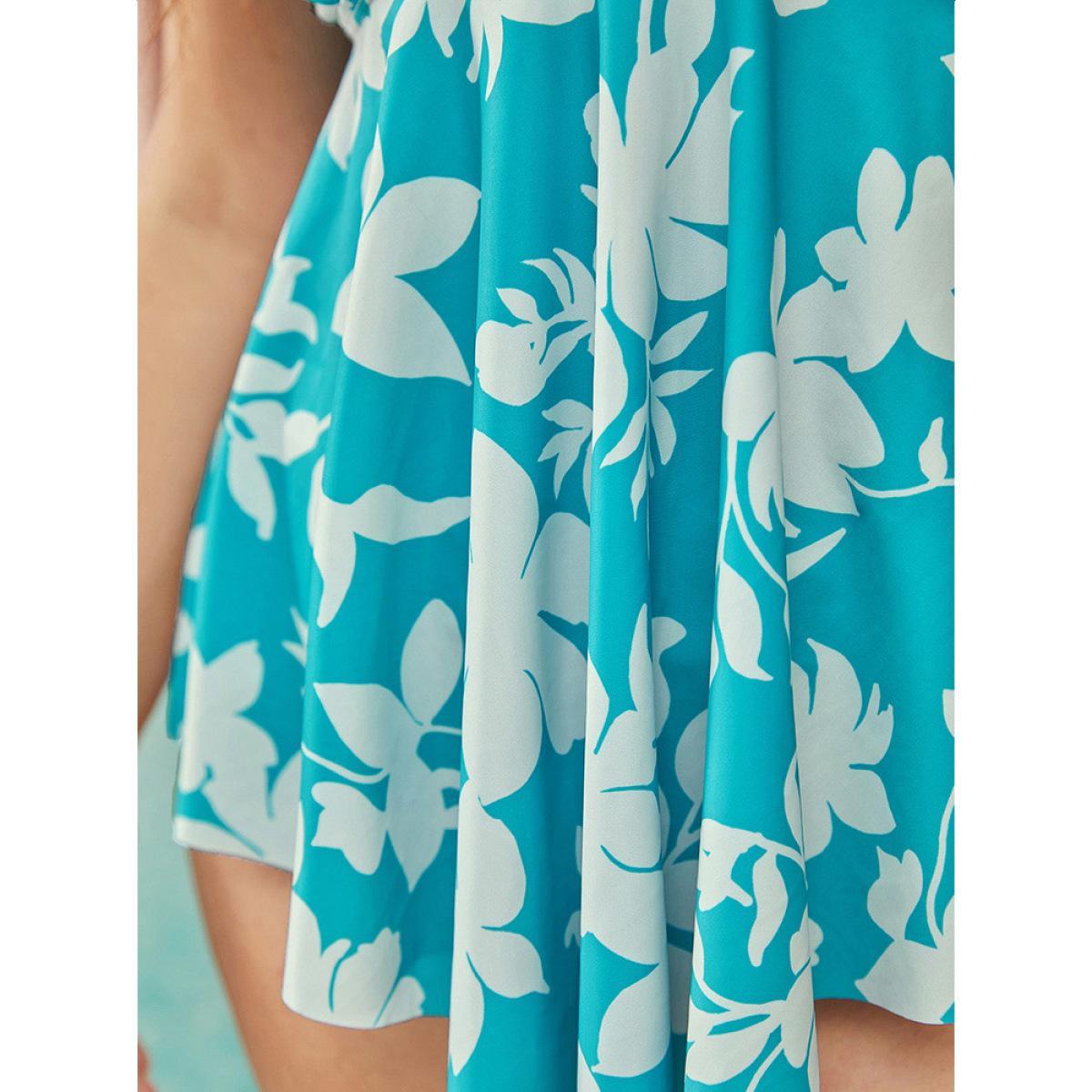 Plus Size Floral Print Asymmetrical Flutter Hem Wrap Tankini Top Women's Swimwear Arctic Vacation Adjustable Straps High stretch Bodycon Deep V-neck Curve Swim Tops BloomChic 30/6X Product Image