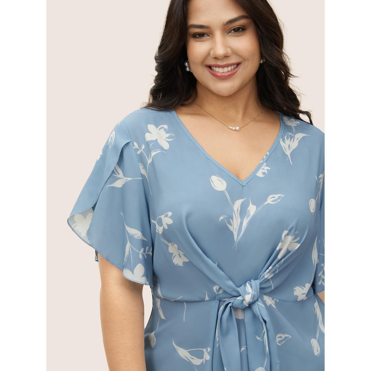 Plus Size Stone Floral Tie Knot Petal Sleeve Blouse Women Elegant Short sleeve V-neck Everyday Blouses BloomChic 12/L Product Image