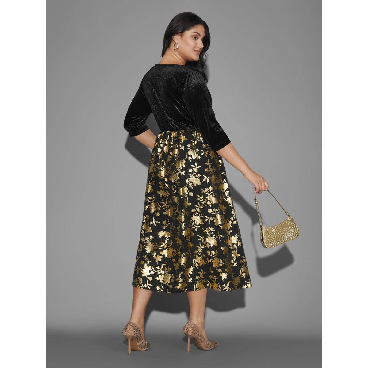 Plus Size Glitter Floral Patchwork Velvet Midi Dress Black Women Cocktail Texture Party Curvy Bloomchic 26/4X Product Image
