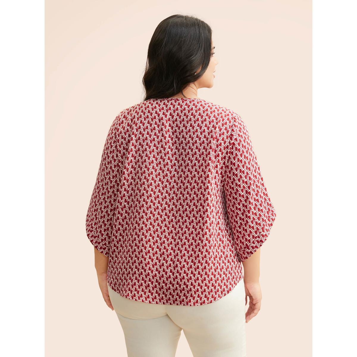 Plus Size Scarlet Geometric Round Neck Bell Sleeve Blouse Women At the Office Three Quater Length Sleeve Round Neck Work Blouses BloomChic 22-24/3X Product Image