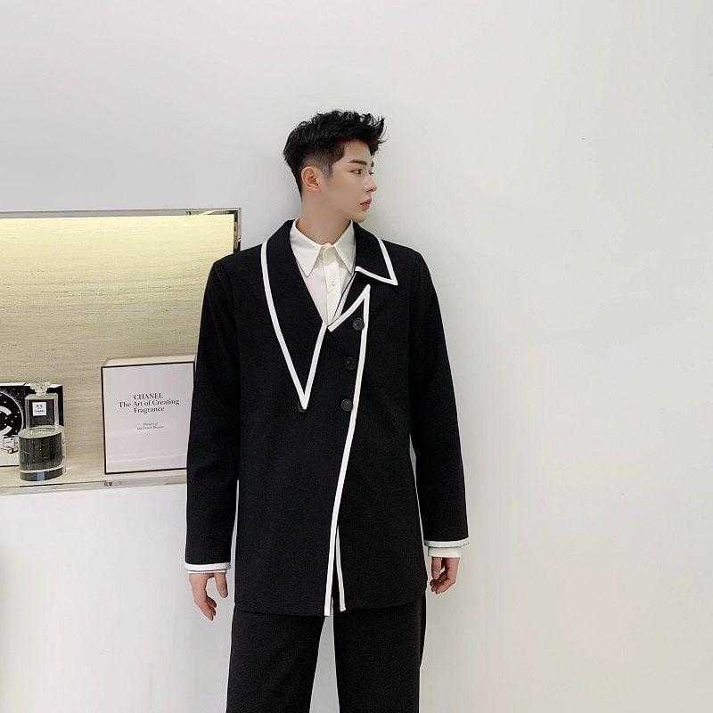Plain Asymmetrical Contrast Trim Double-Breasted Blazer Product Image