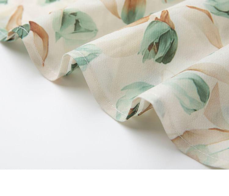 Short-Sleeve Crew Neck Mock Two-Piece Floral Print Panel Tie Side Midi A-Line Dress Product Image