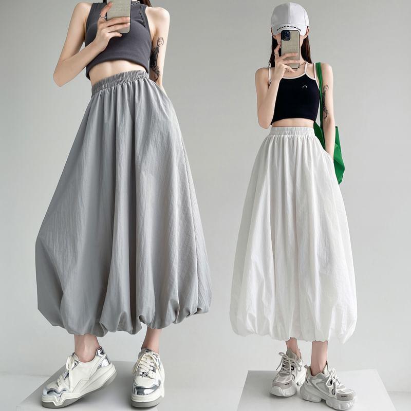 High Waist Plain Midi A-Line Skirt Product Image