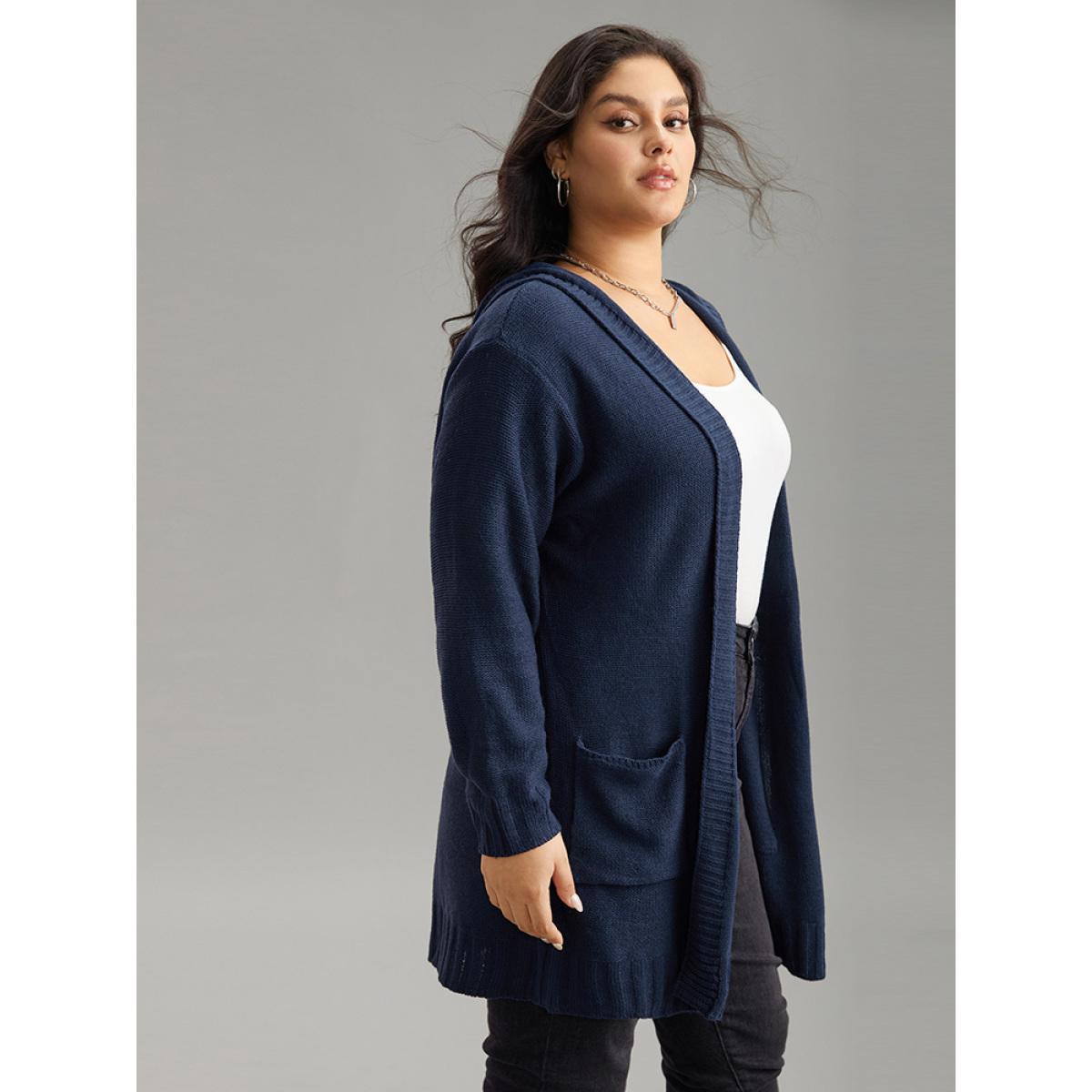 Plus Size Plain Texture Pocket Hooded Cardigan Aegean Women Casual Loose Long Sleeve Dailywear Cardigans BloomChic 12/L Product Image