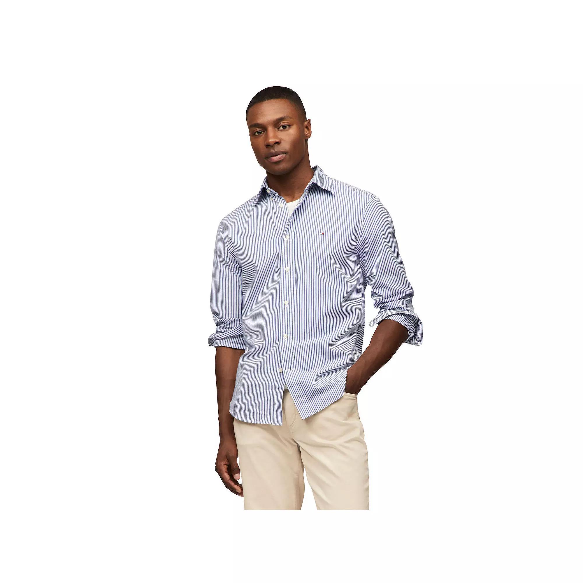 Men's Tommy Hilfiger Flex Poplin Stripe Long Sleeve Shirt, Size: XXL, Wedge Blue Stripe Product Image