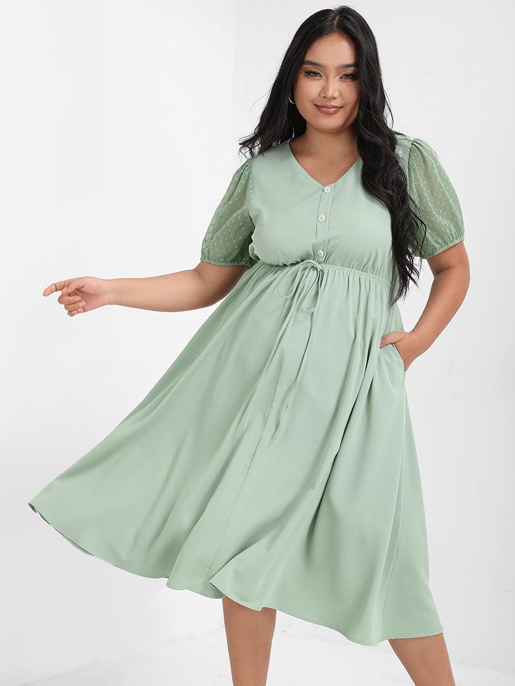 Solid Polka Dot Sleeve Button Dress Female Product Image