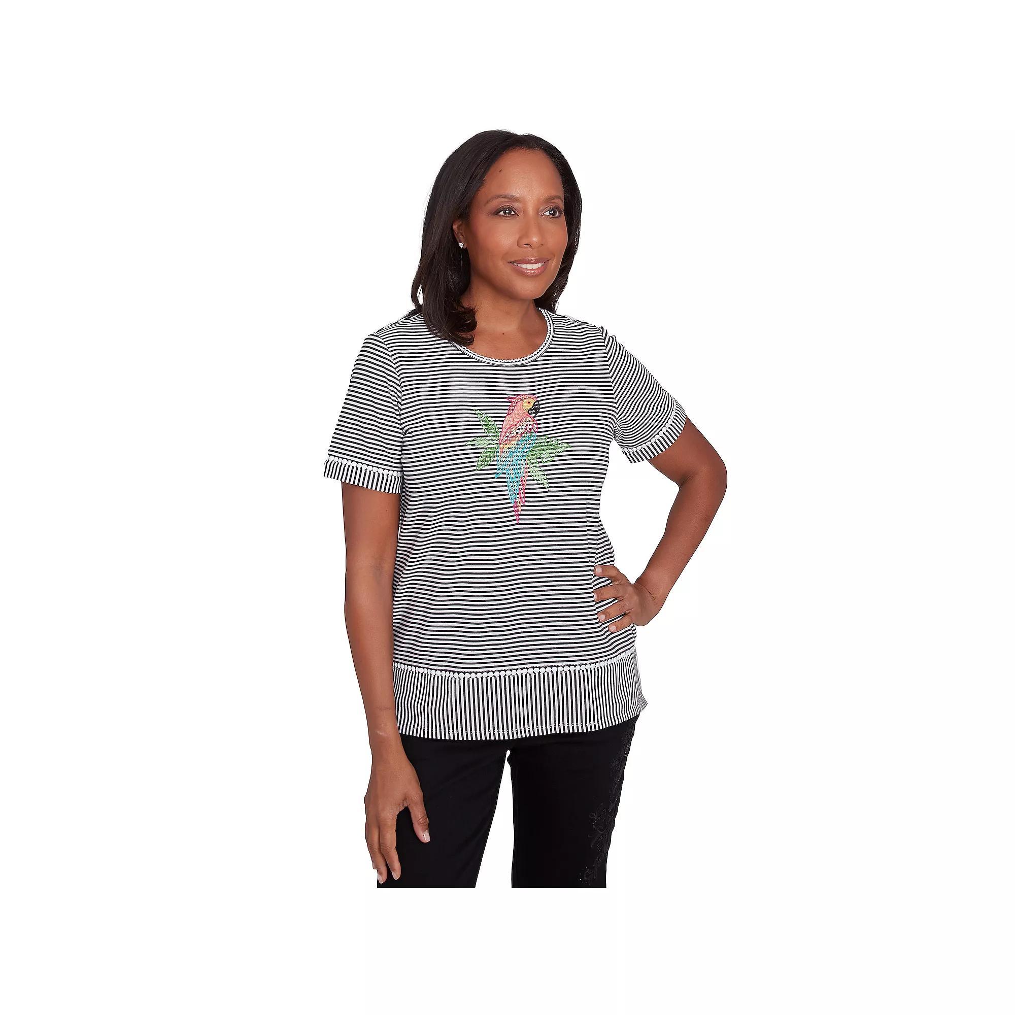 Women's Alfred Dunner Crewneck Parrot Striped Tee, Size: XL, Black Product Image