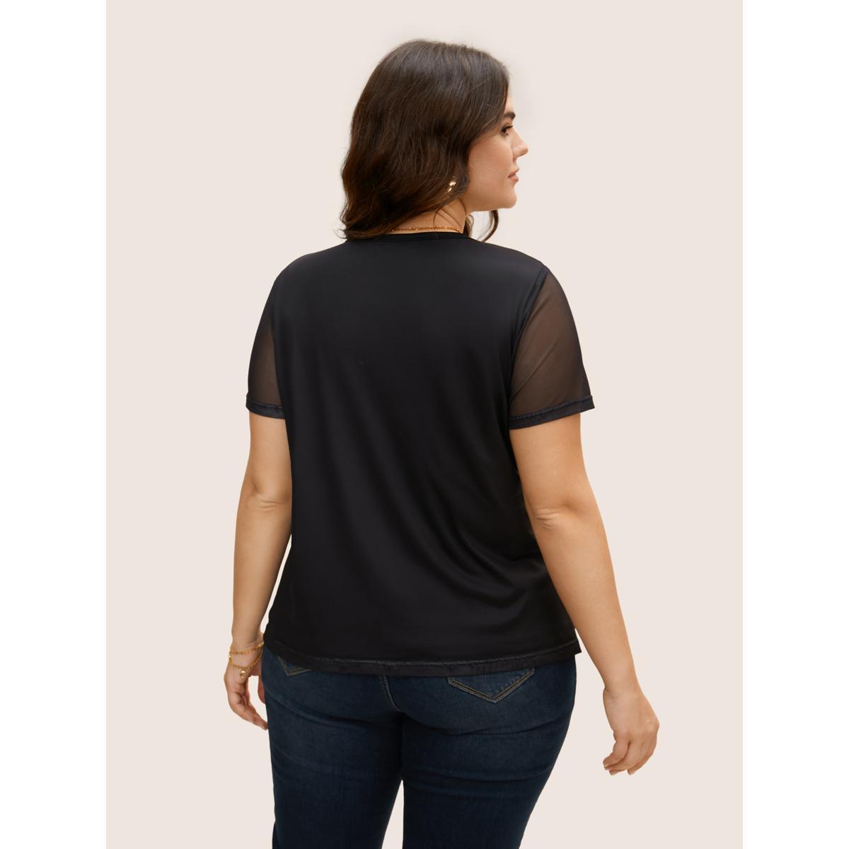 Plus Size Round Neck Lily Print Patchwork Mesh T-shirt Black Women Elegant See through Natural Flowers Round Neck Everyday T-shirts BloomChic 12/L Product Image