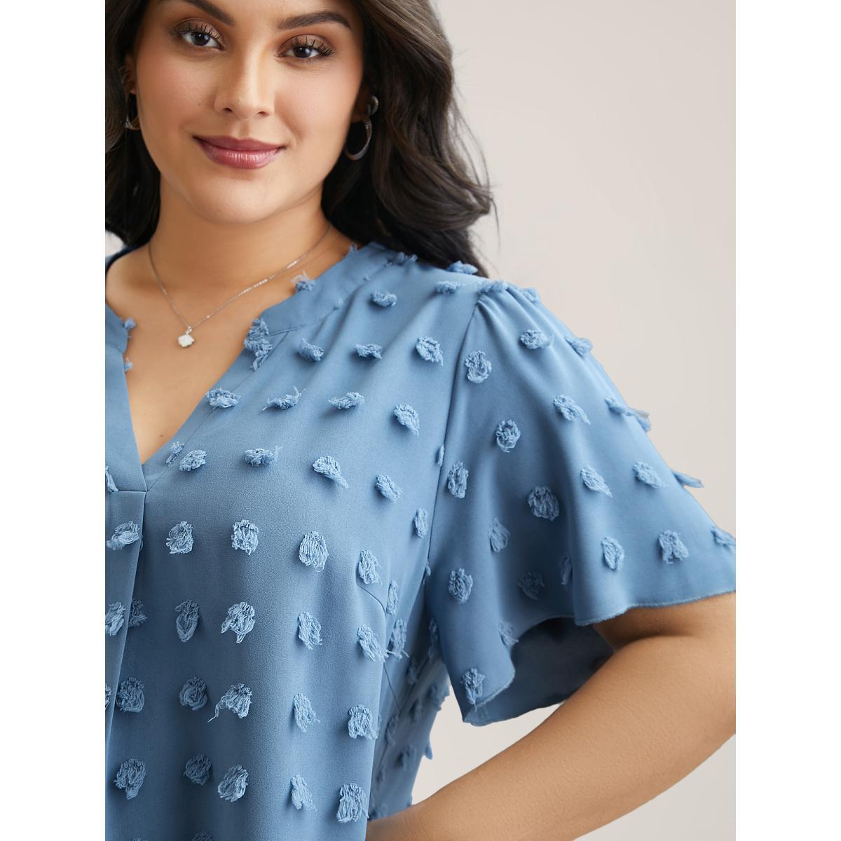 Plus Size Cerulean Textured Notched Collar Plicated Detail Blouse Women Elegant Short sleeve Flat collar with V-notch Everyday Blouses BloomChic 30/6X Product Image