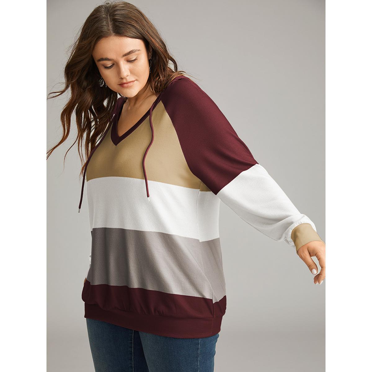 Plus Size Colorblock Contrast Hooded Drawstring Sweatshirt Women Red Casual Contrast Hooded Dailywear Sweatshirts BloomChic 18-20/2X Product Image