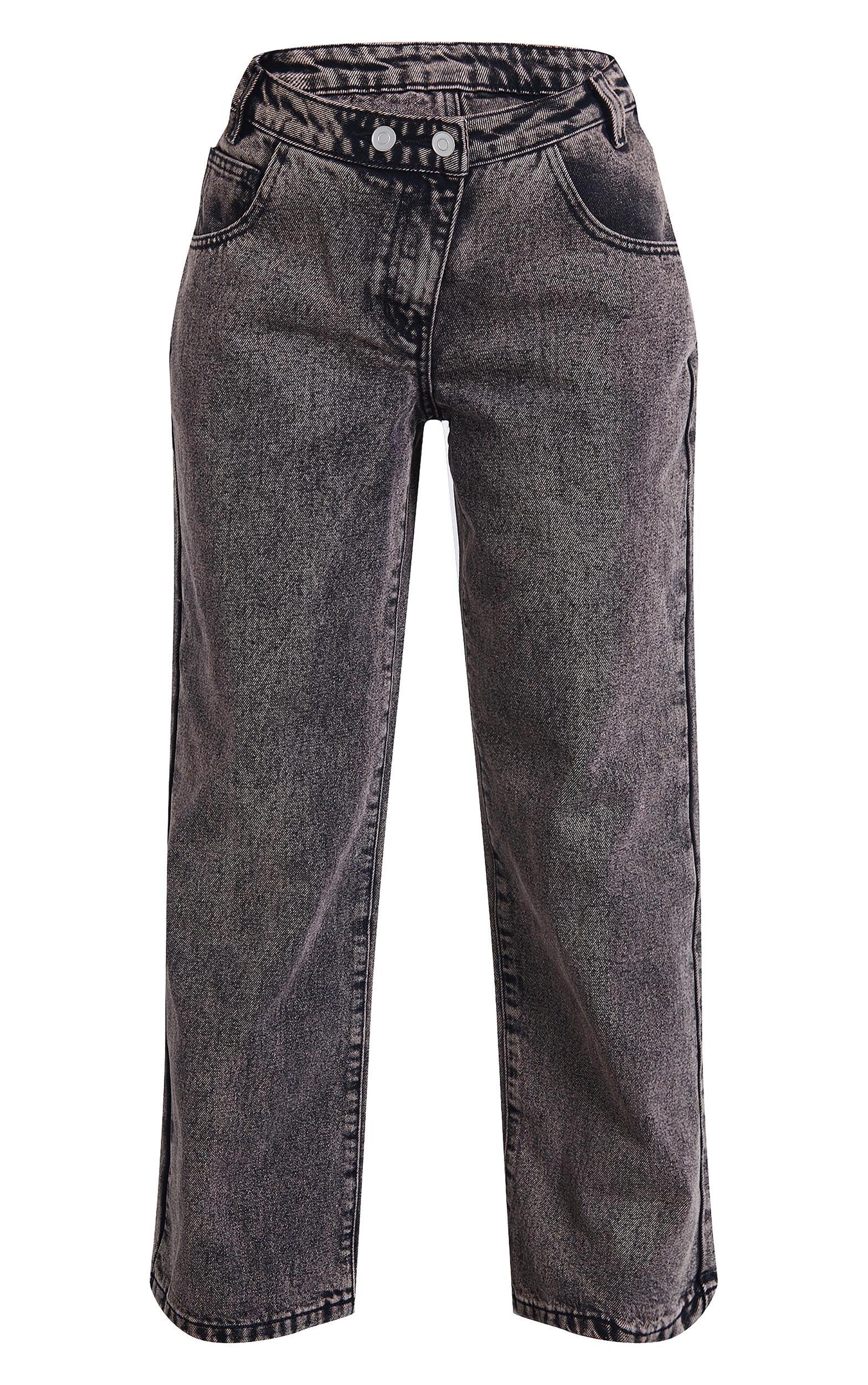 Petite Washed Grey Asymmetric Waist Wide Leg Jeans Product Image