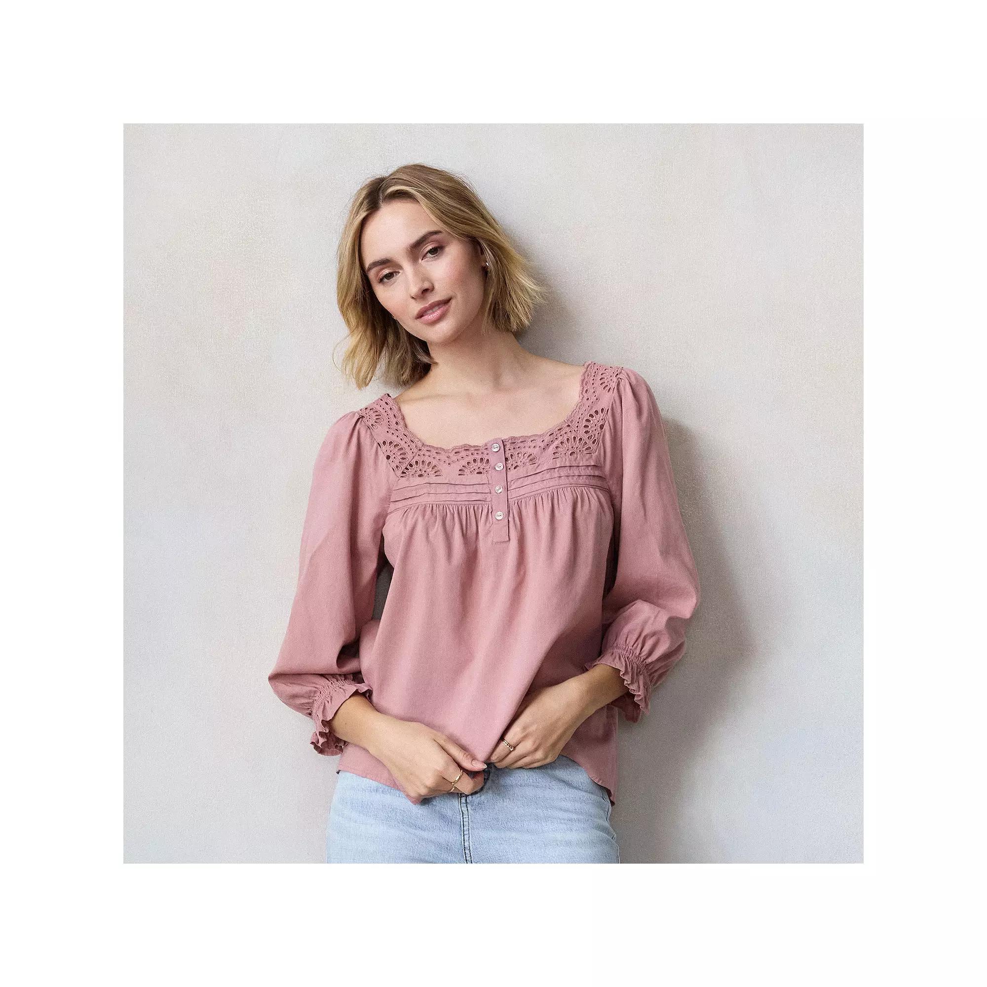 Womens LC Lauren Conrad Henley Puff Sleeve Peasant Top Young Green Product Image