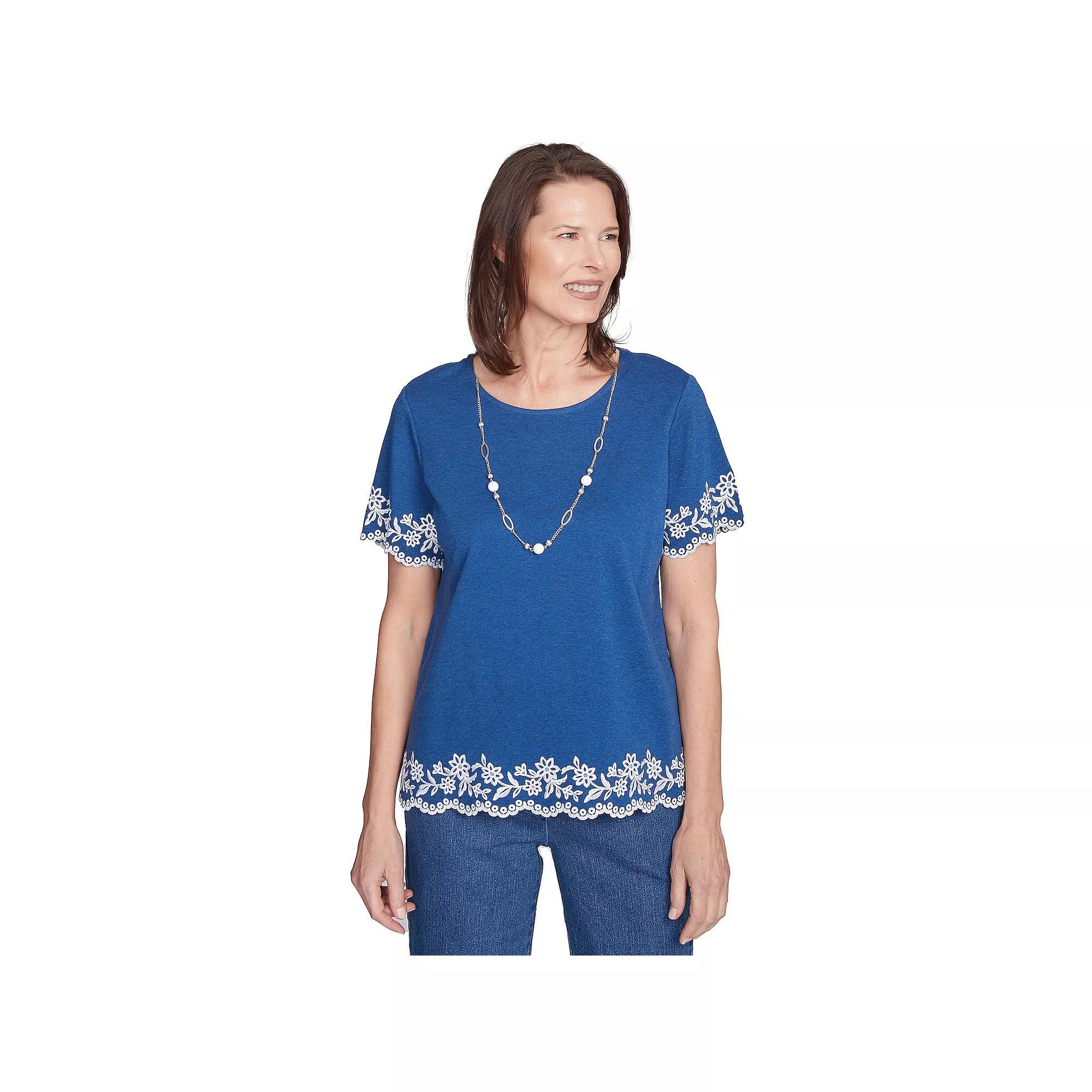 Petite Alfred Dunner Embroidered Border Top with Necklace, Women's, Size: XL Petite, Grey Navy Product Image