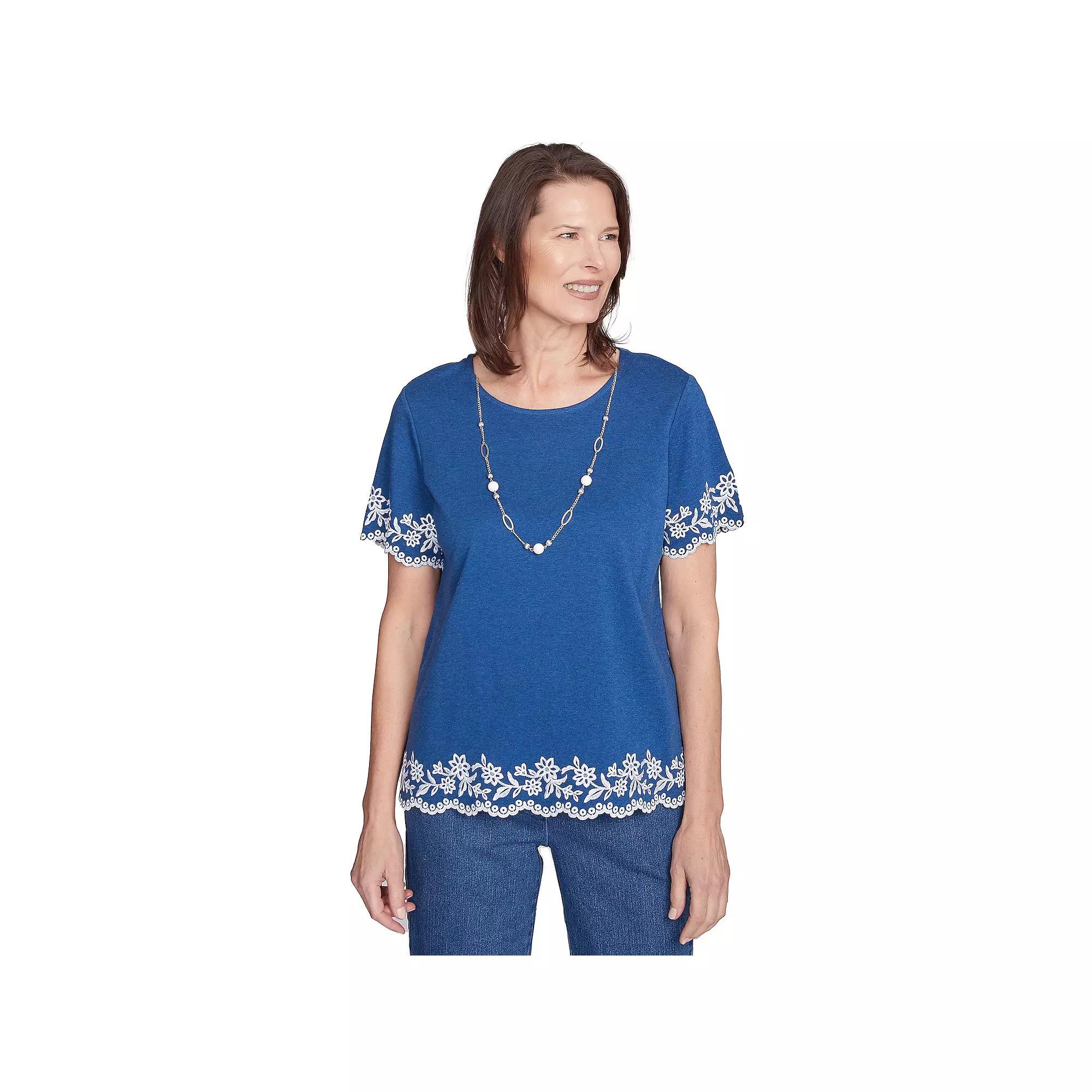 Women's Alfred Dunner Border Embroidery Tee with Necklace, Size: Large, Grey Navy Product Image
