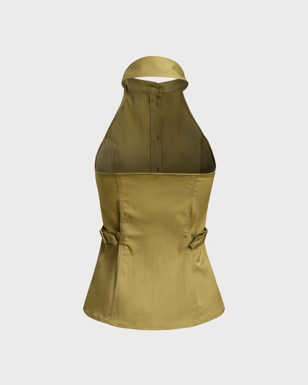 Green Backless Halter Button Blouse Product Image