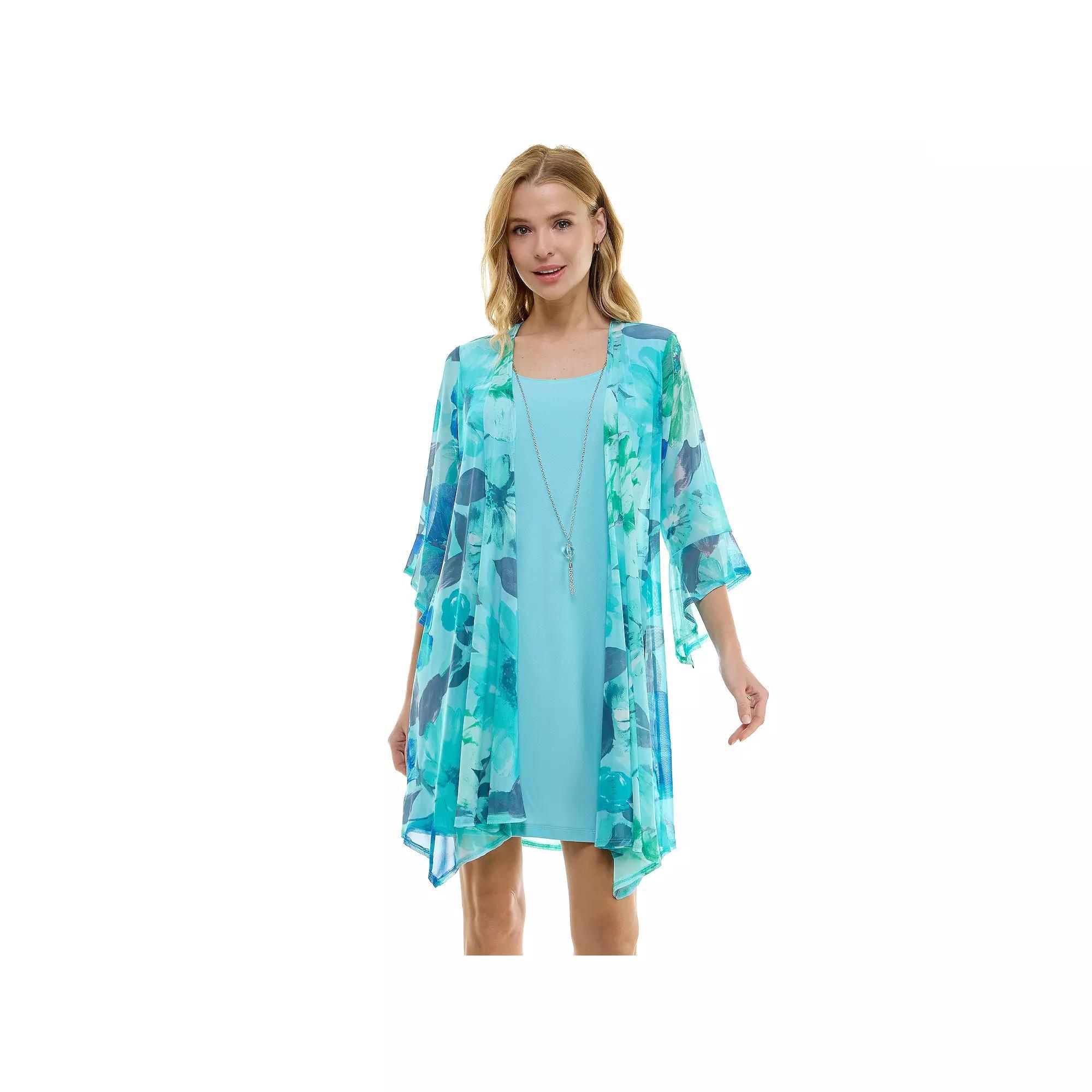 Womens Luxology 2-Piece 3/4 Bell Sleeve Cardigan & Dress Set Blue Blue Gray Product Image