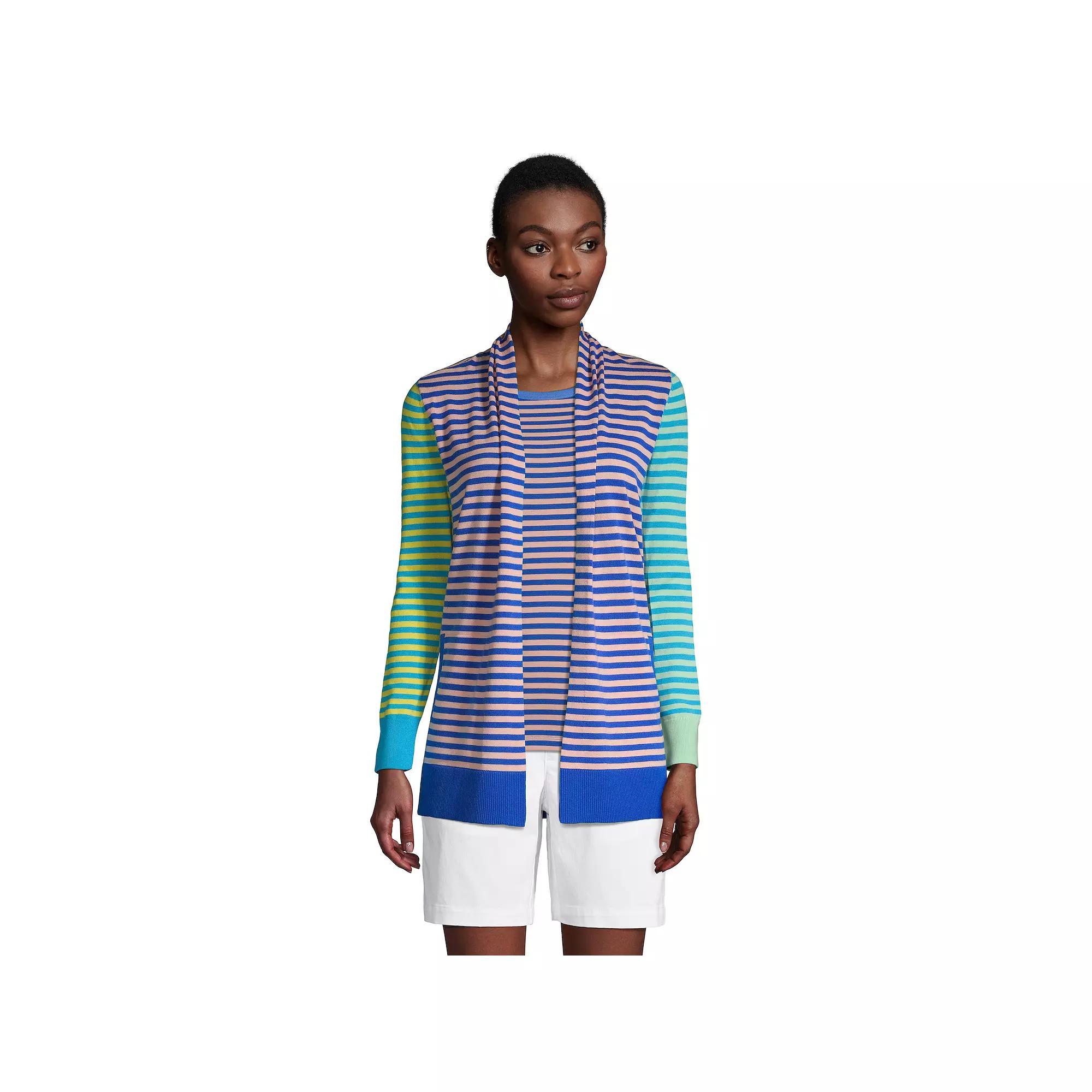 Petite Lands End Open-Front Long Cardigan Sweater, Womens Crisp Pink Stripe Product Image