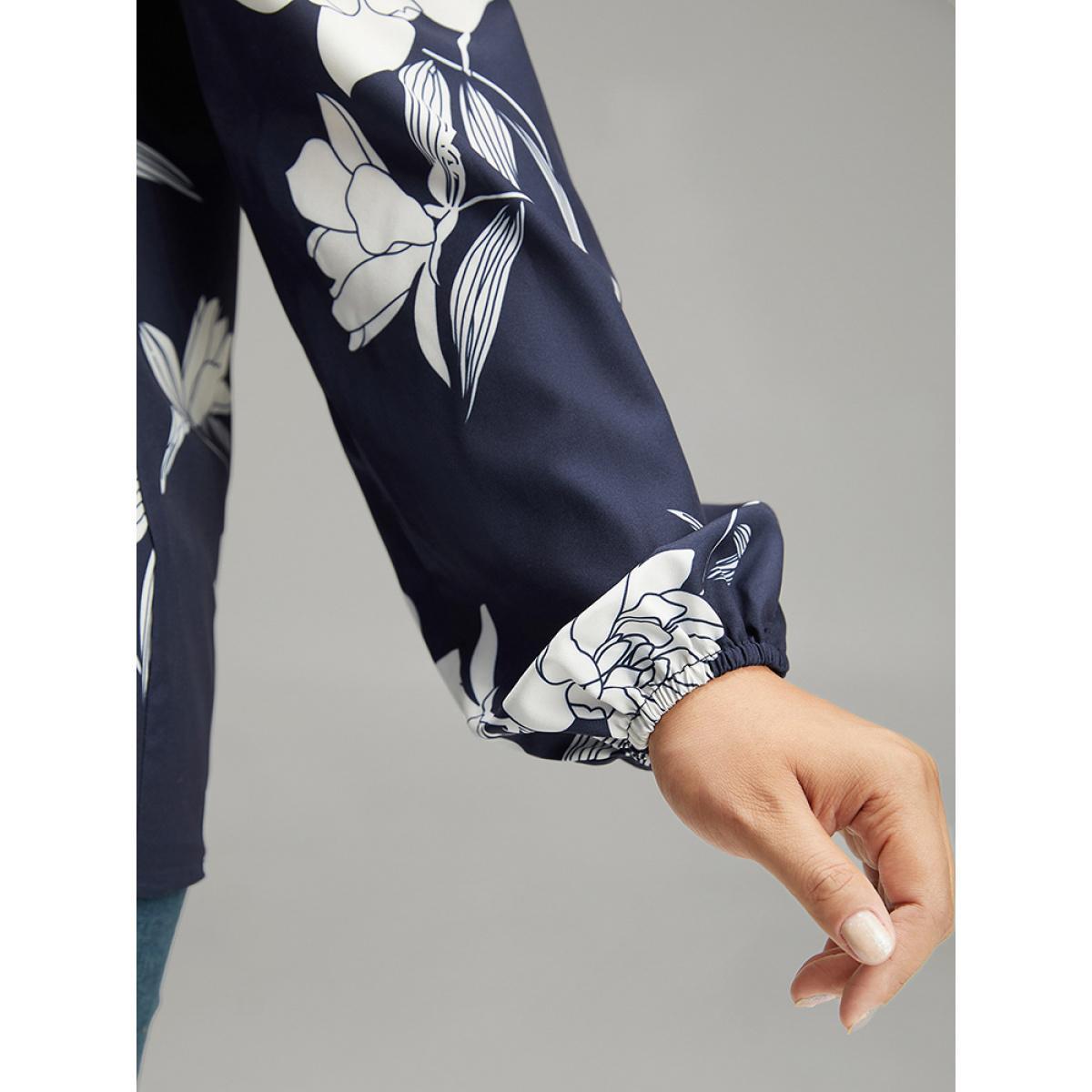Plus Size Indigo Silhouette Floral Print Frill Trim Pleated Blouse Women Elegant Long Sleeve Round Neck Dailywear Blouses BloomChic 18-20/2X Product Image