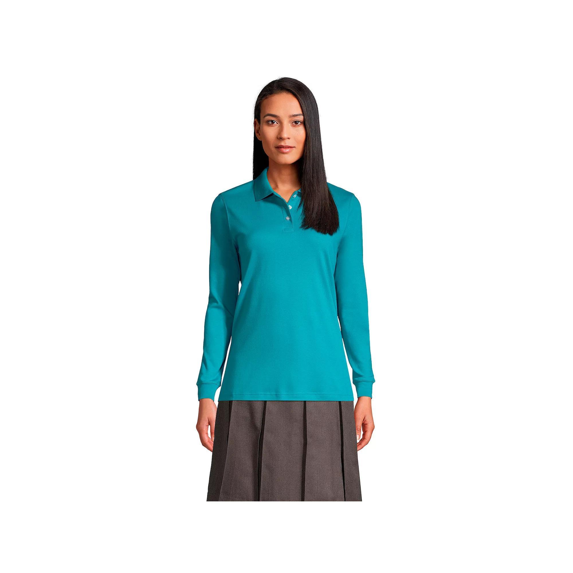 Womens Lands End School Uniform Long Sleeve 3-Button Interlock Polo Shirt Red Product Image