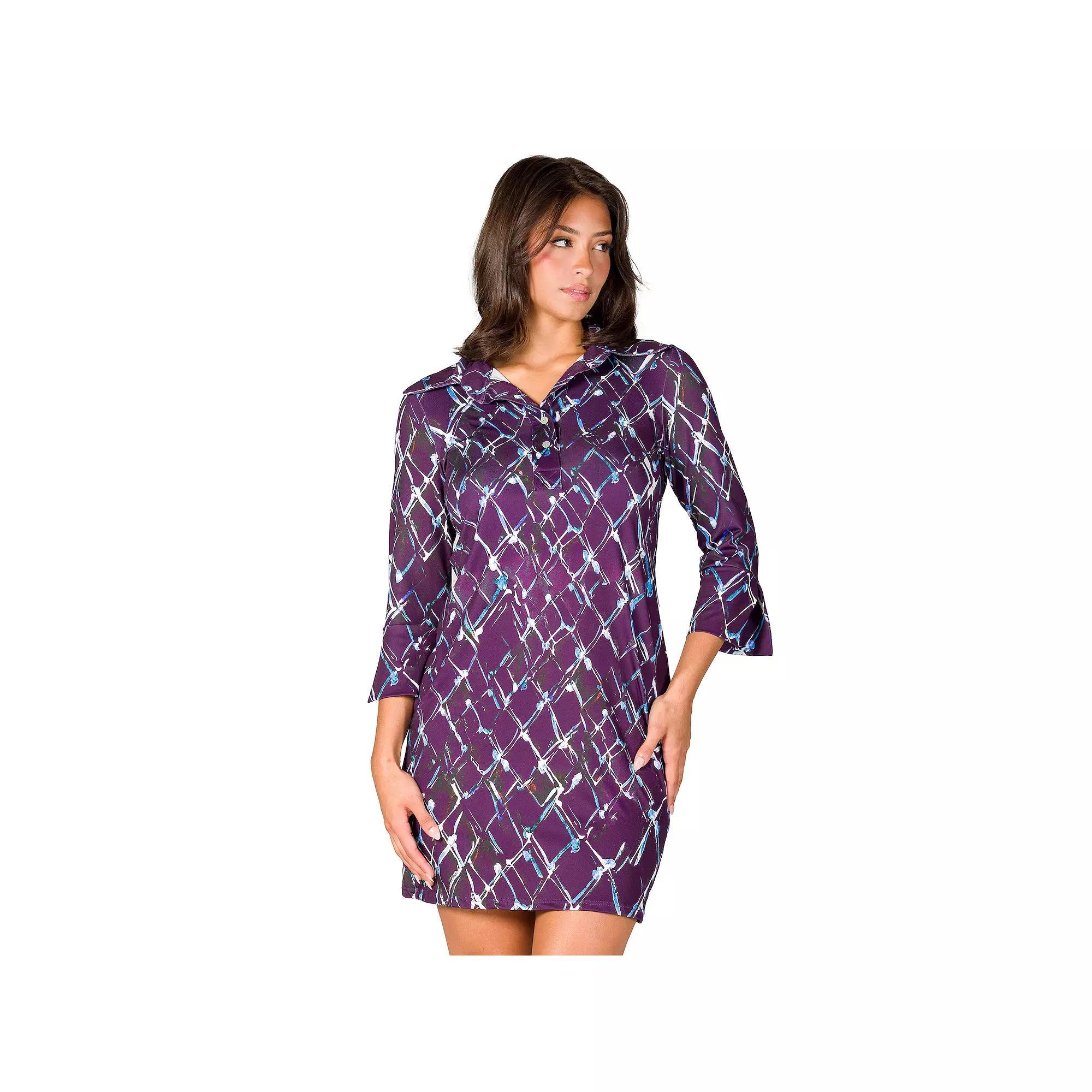 Women's 24Seven Comfort Apparel Geometric 3/4-Sleeve Collar Mini Dress, Size: Small, Purple Team Product Image