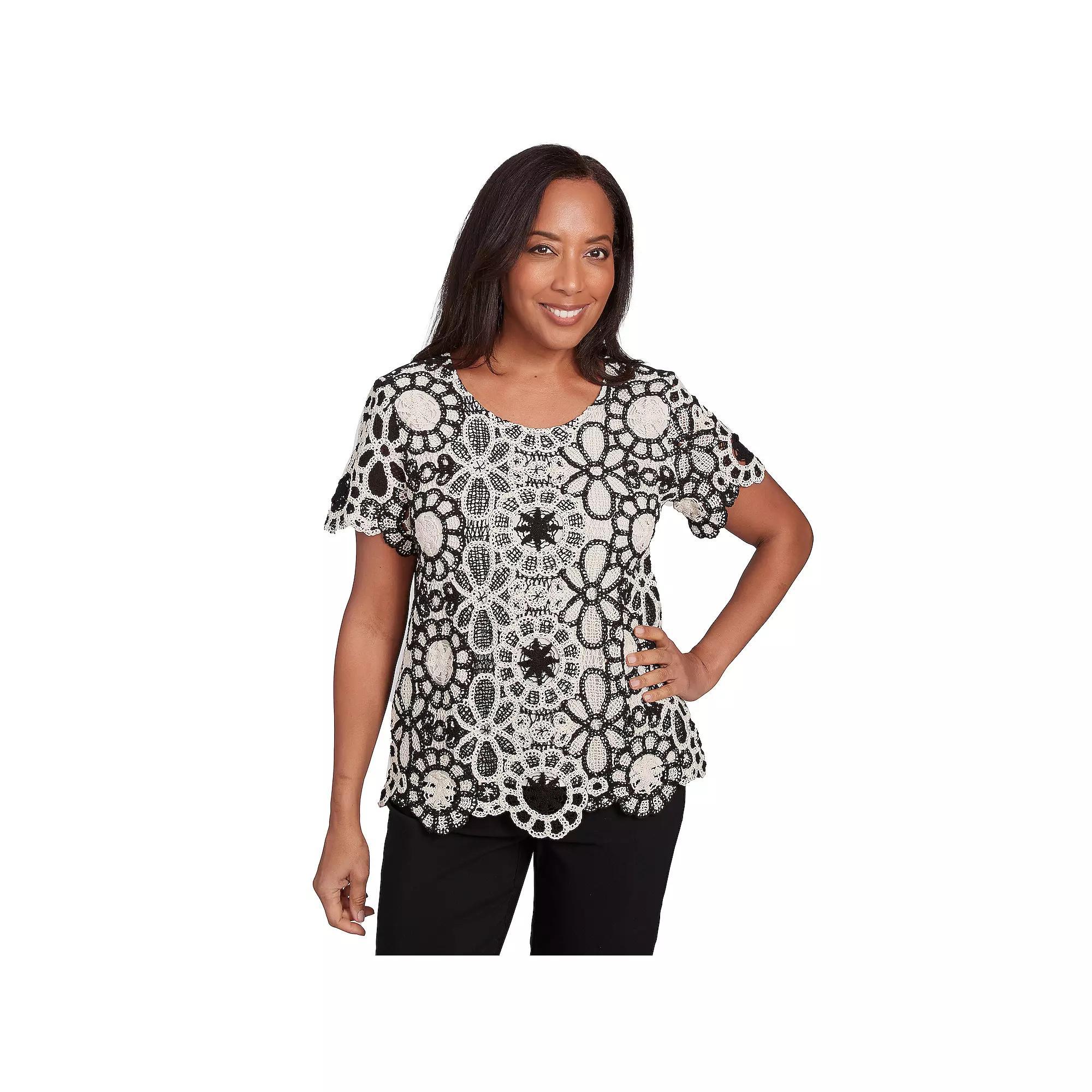 Alfred Dunner Women's Crochet Flower Tee, Size: Large, Neutral Team Product Image