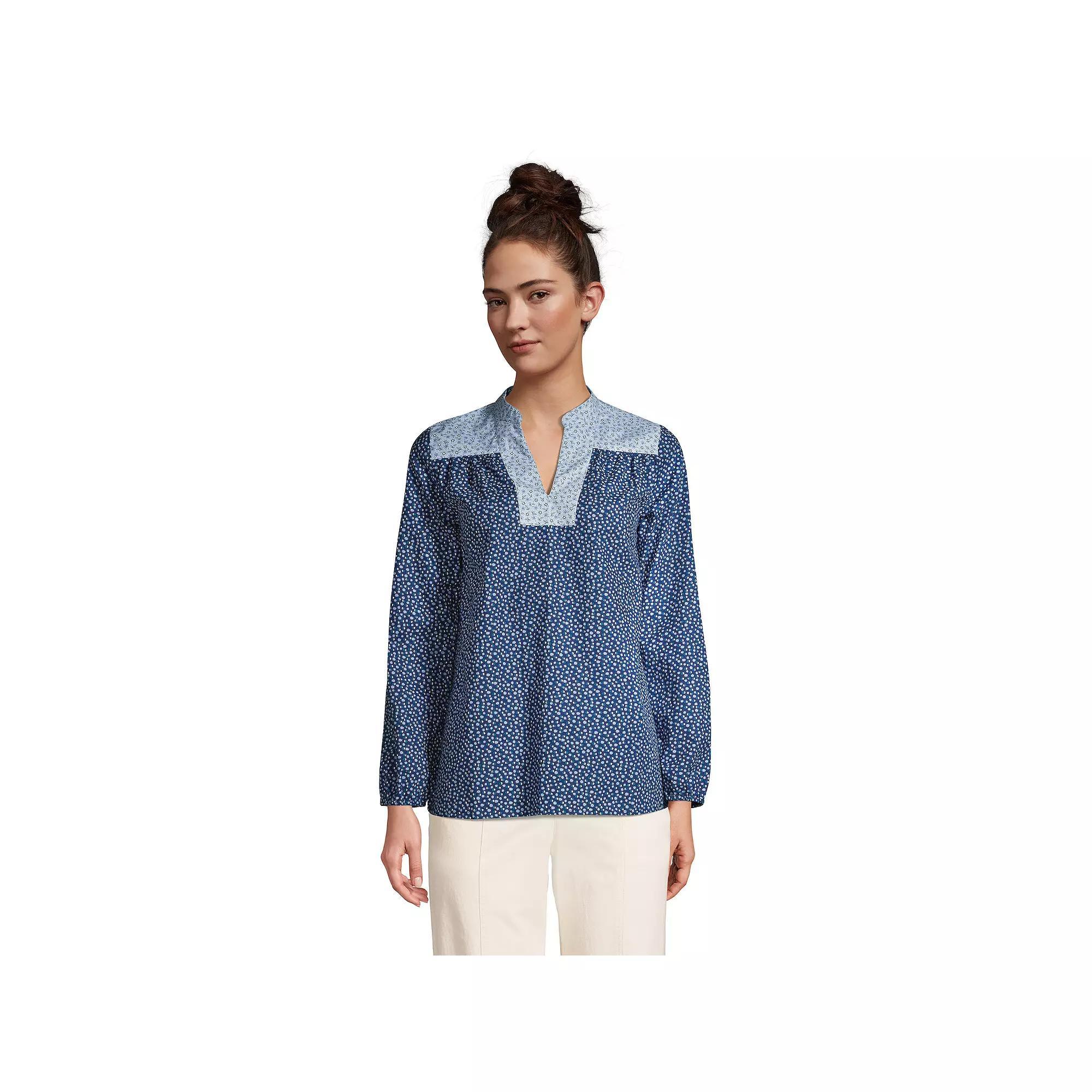 Petite Lands' End Poplin Peasant Top, Women's, Size: Large Petite, Deep Blue Dot Star Product Image