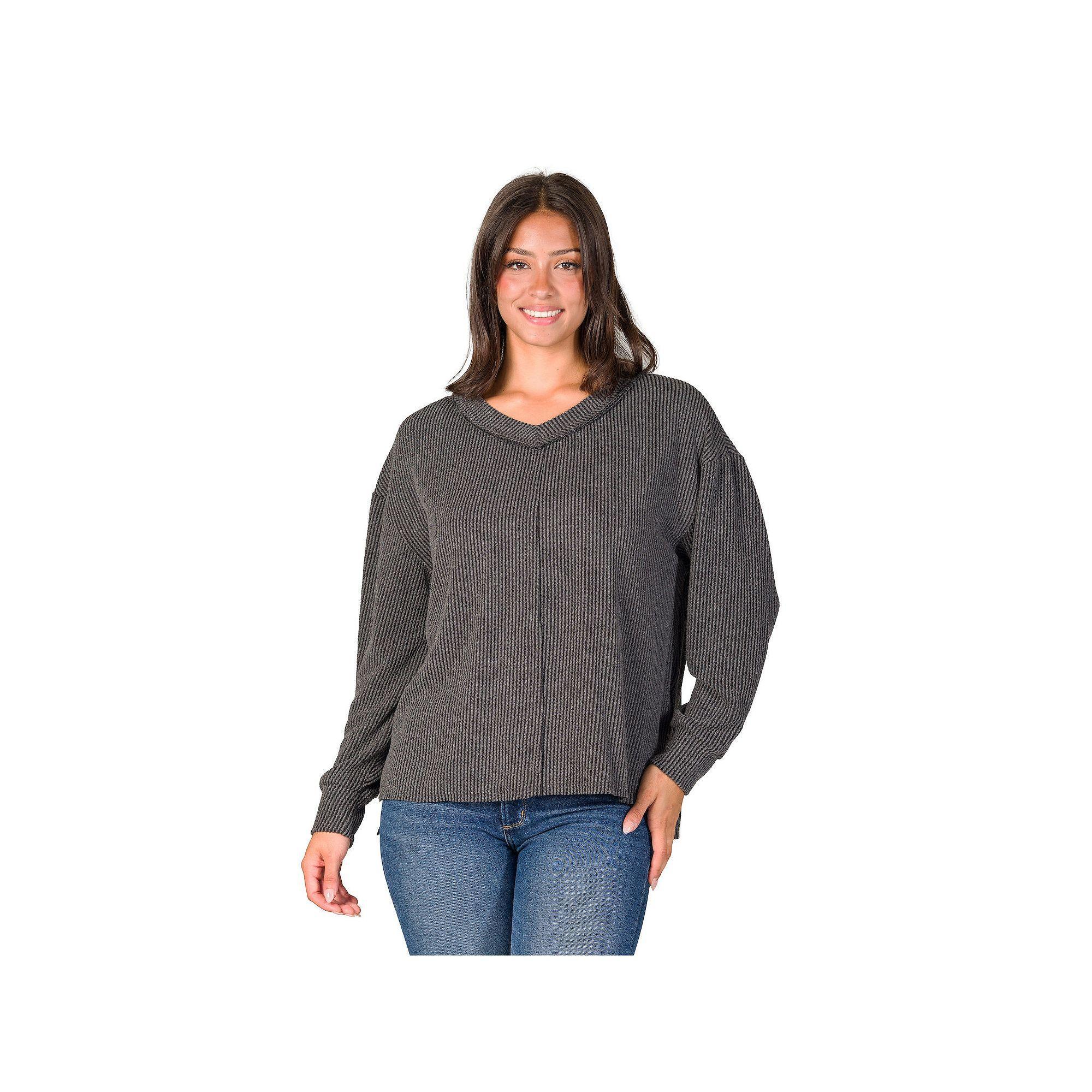 Women's 24Seven Comfort Apparel Relaxed Fit Ribbed V Neck Sweater Top, Size: Large, Black Product Image