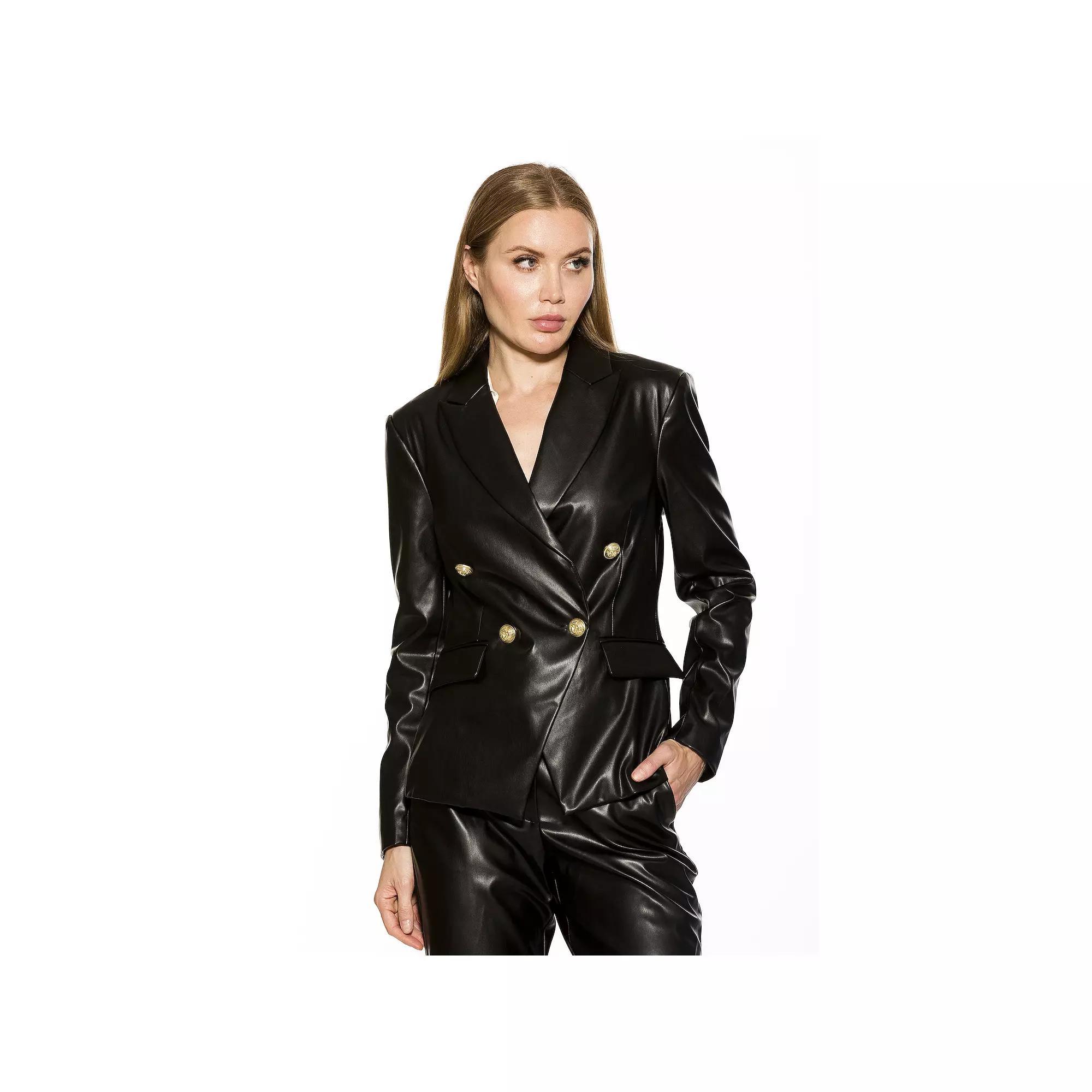 Women's ALEXIA ADMOR Classic Faux-Leather Double-Breasted Blazer, Size: 6, Black Product Image