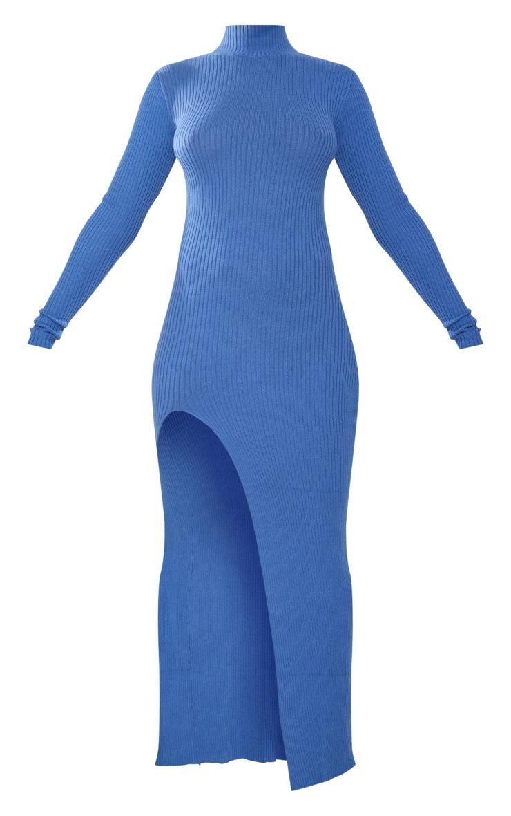 Blue Knitted Ribbed Side Split Maxi Dress Product Image