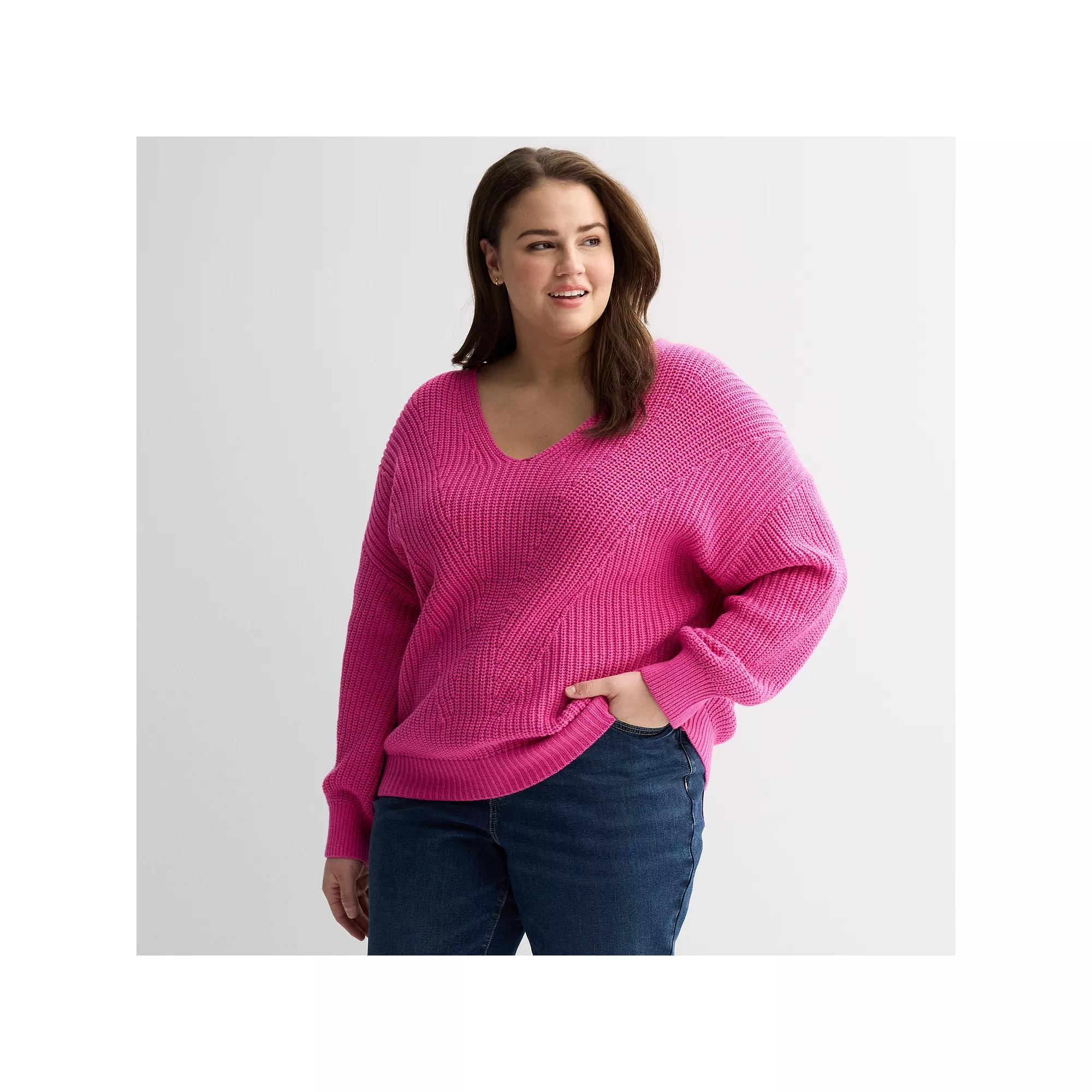 Plus Size Sonoma Goods For Life Mixed Stitch V-Neck Sweater, Women's, Size: 3XL, Pink Theme Product Image