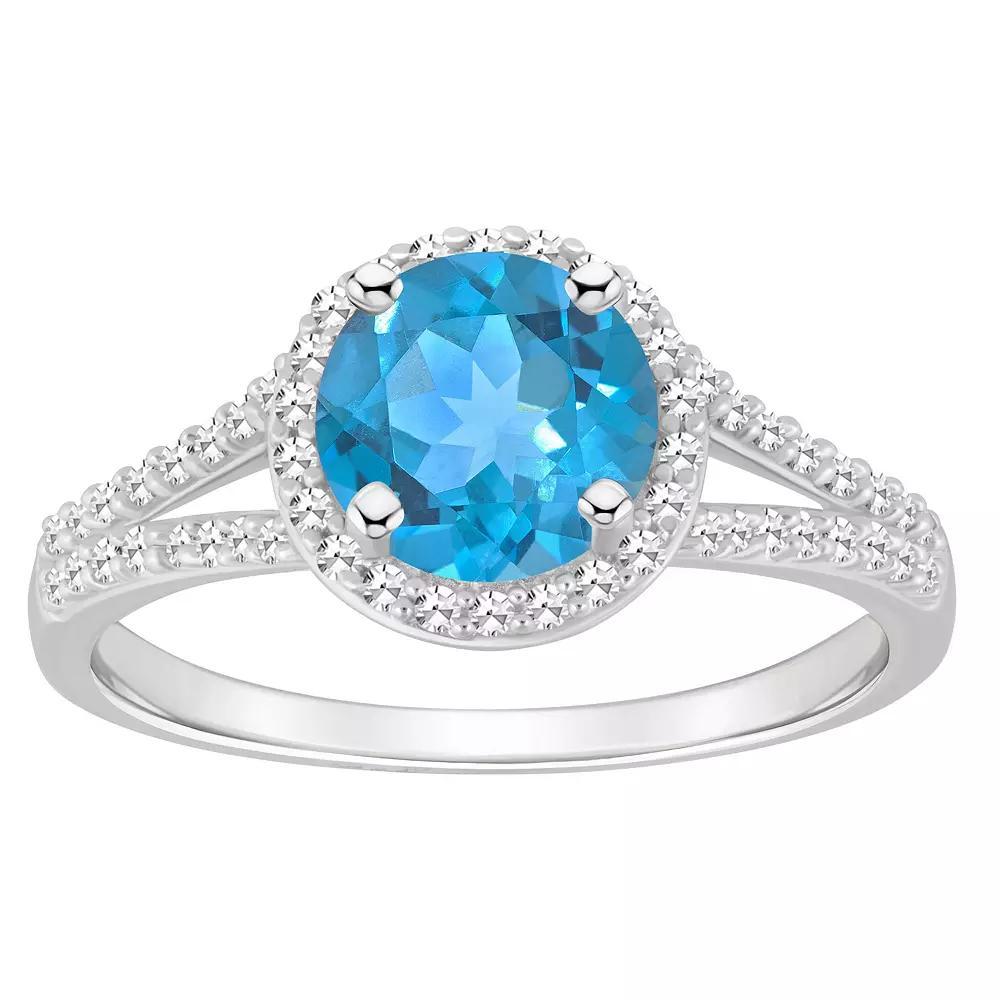 Celebration Gems Sterling Silver 7 mm Round Gemstone and 1/4 Carat T.W. Diamond Split Shank Ring, Women's, Size: 5, Blue Topaz Product Image