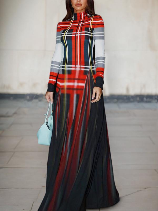 Long Sleeves Contrast Color Pleated Mock Neck Maxi Dresses Product Image