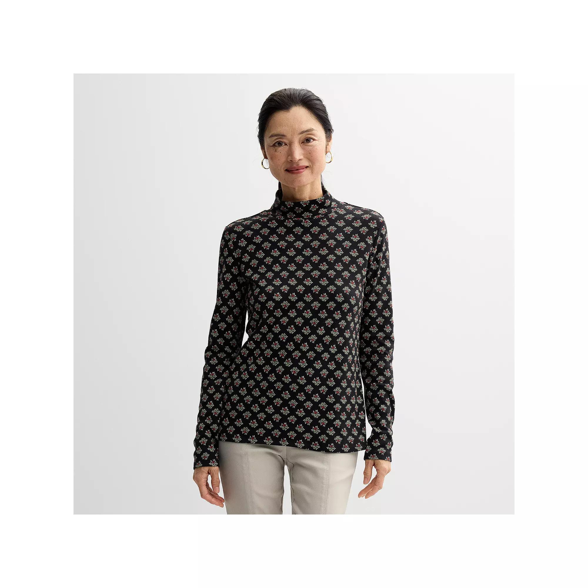 Women's Croft & Barrow® Essential Long-Sleeve Mockneck Top, Size: XXL, Ivory Nest Cardinals Product Image